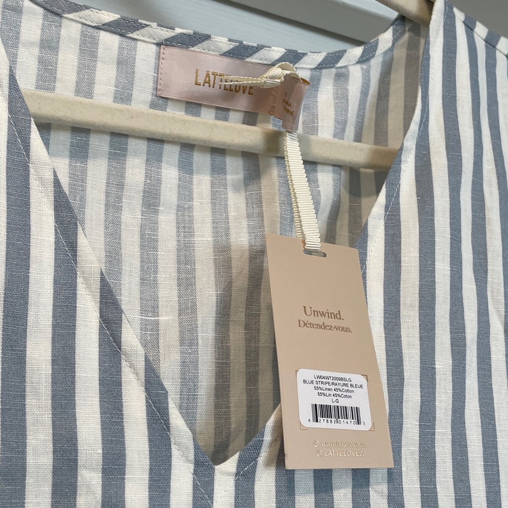NWT LATTELOVE Linen Cotton Oversized Blue White Striped Shift Dress L - Picture 3 of 9